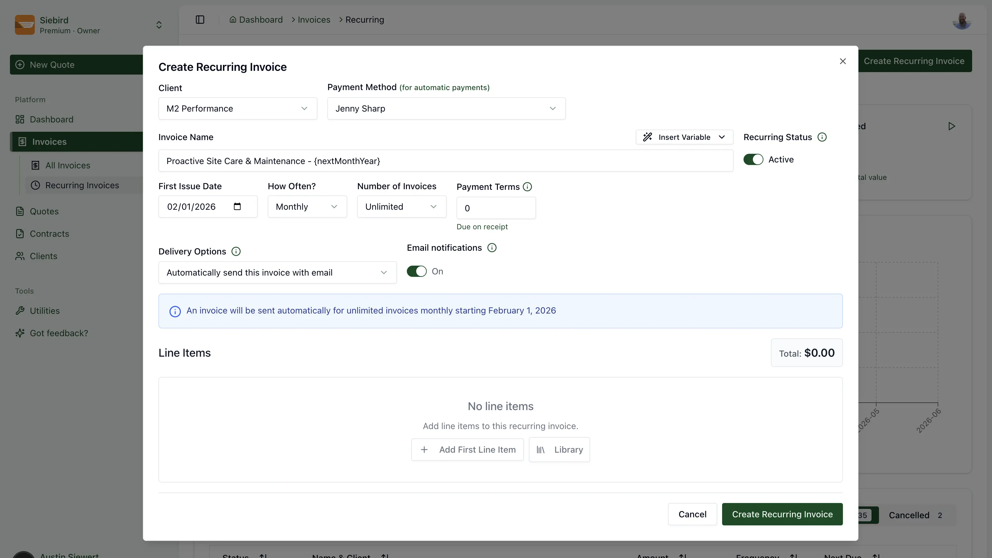Automated and recurring invoicing in Tillage